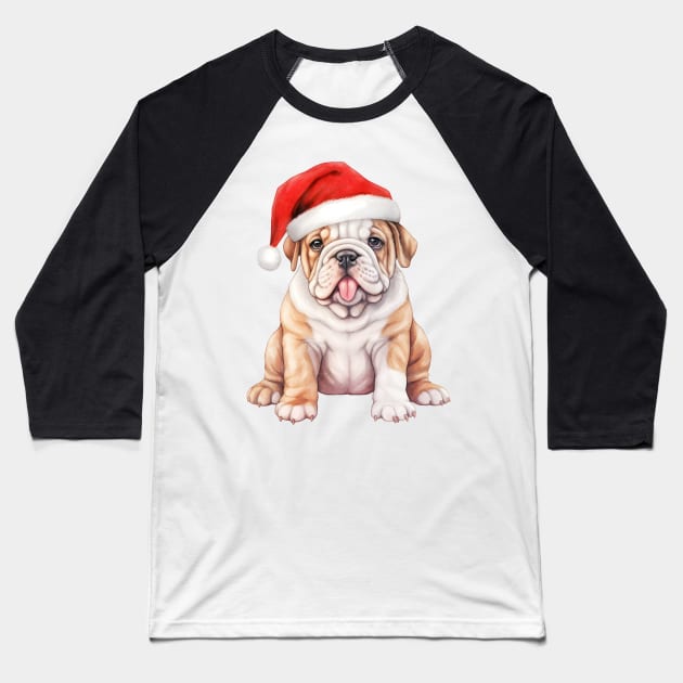 Bulldog in Santa Hat Baseball T-Shirt by Chromatic Fusion Studio